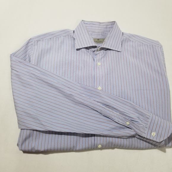 CANALI Mens Shirt 44 17.5 Recent Blue Striped 100% Cotton Luxury Dress $425